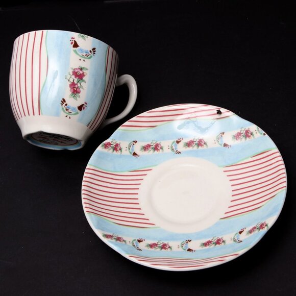 Johnson Brothers England Tea Cup Saucer Farmhouse Chic Silky Stripe Rooster Blue - Picture 6 of 7
